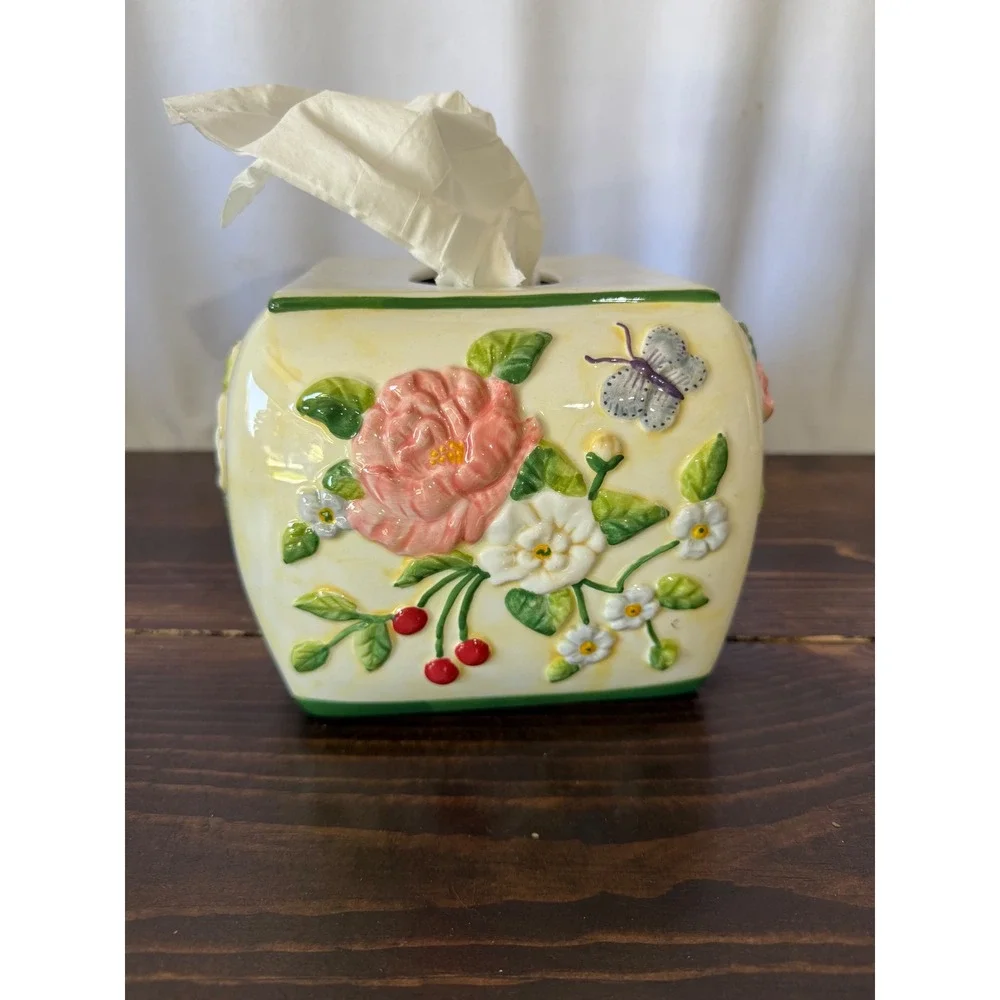 VTG Pamela Gladding Floral Ceramic Tissue Box Cover Butterfly